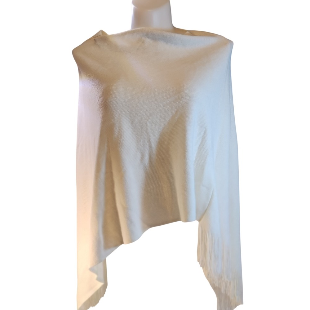 Boho Cream White Knit Poncho Wrap Fringed Hem Shawl OSFM Coquette Minimalist